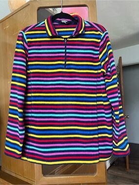 Lands' End Navy Fleece Pullover with Bright Multicolor Stripes